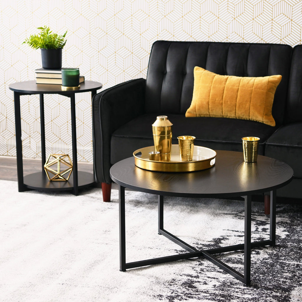 Round Coffee Table with Steel Frame and Faux Distressed Wood Finish E11489
