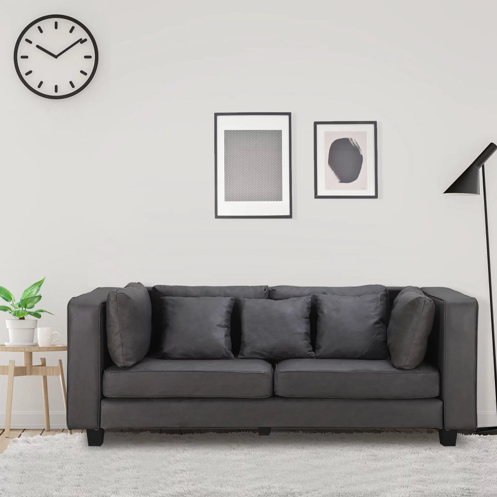 Grey Faux Leather Sofa with 5 Pillows C949