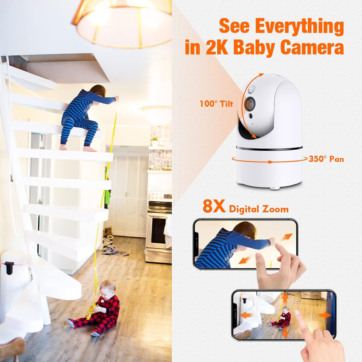 2K Indoor Baby Monitor Camera with Motion Detection, Two-Way Audio, IR Night Vision, Pack of 2 J673