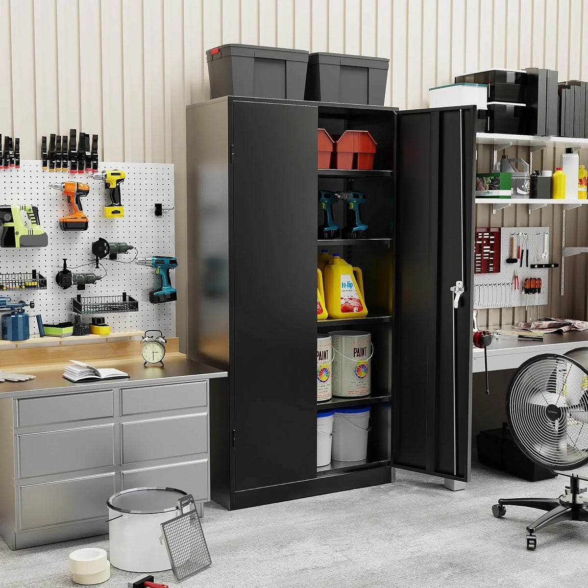 72" Black Metal Storage Cabinet with Doors and Shelves B579124