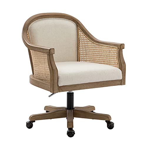 Ivory Upholstered Rattan Desk Chair with Armrest Q4538