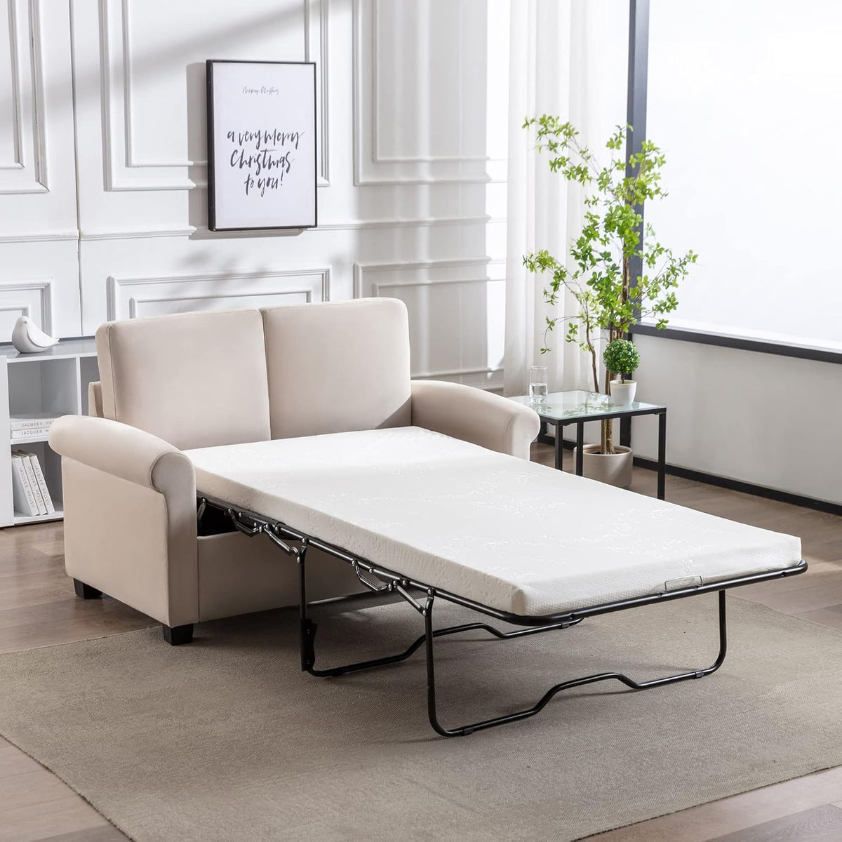Beige White Pull Out Sofa Bed with Twin Size Mattress Pad N5144