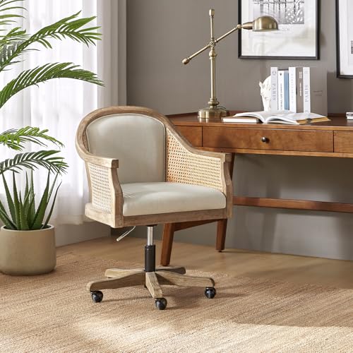Ivory Upholstered Rattan Desk Chair with Armrest Q4538