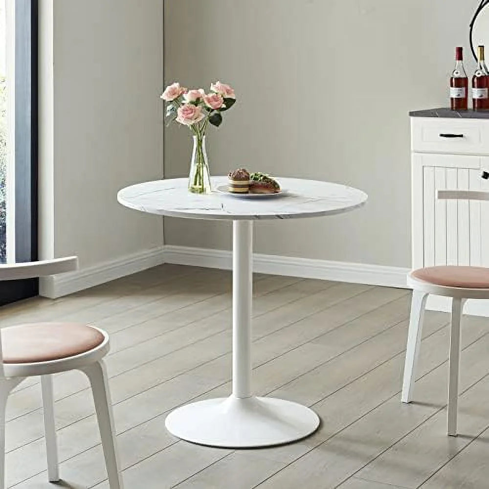 White Round Dining Table with Faux Marble Top H4794
