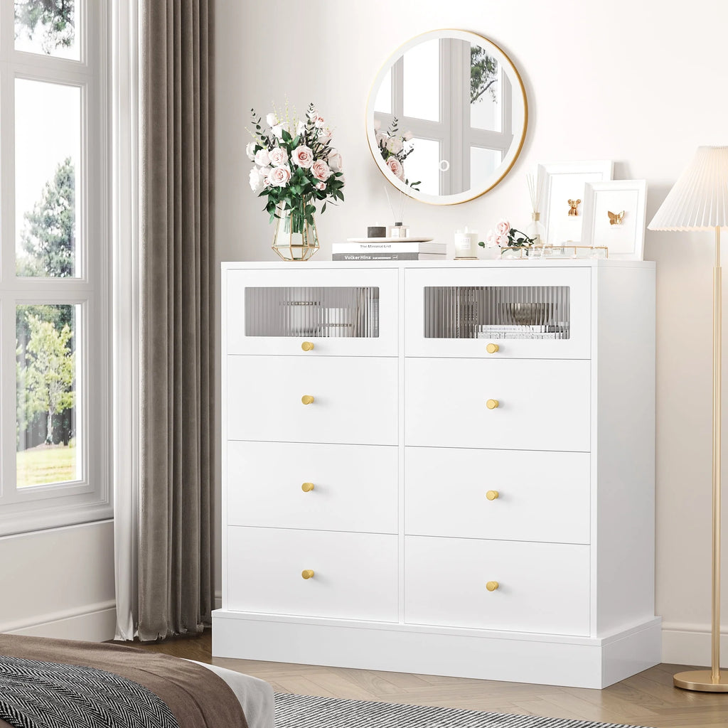 White 8 Drawer Wood Dresser with 2 Glass Doors V273