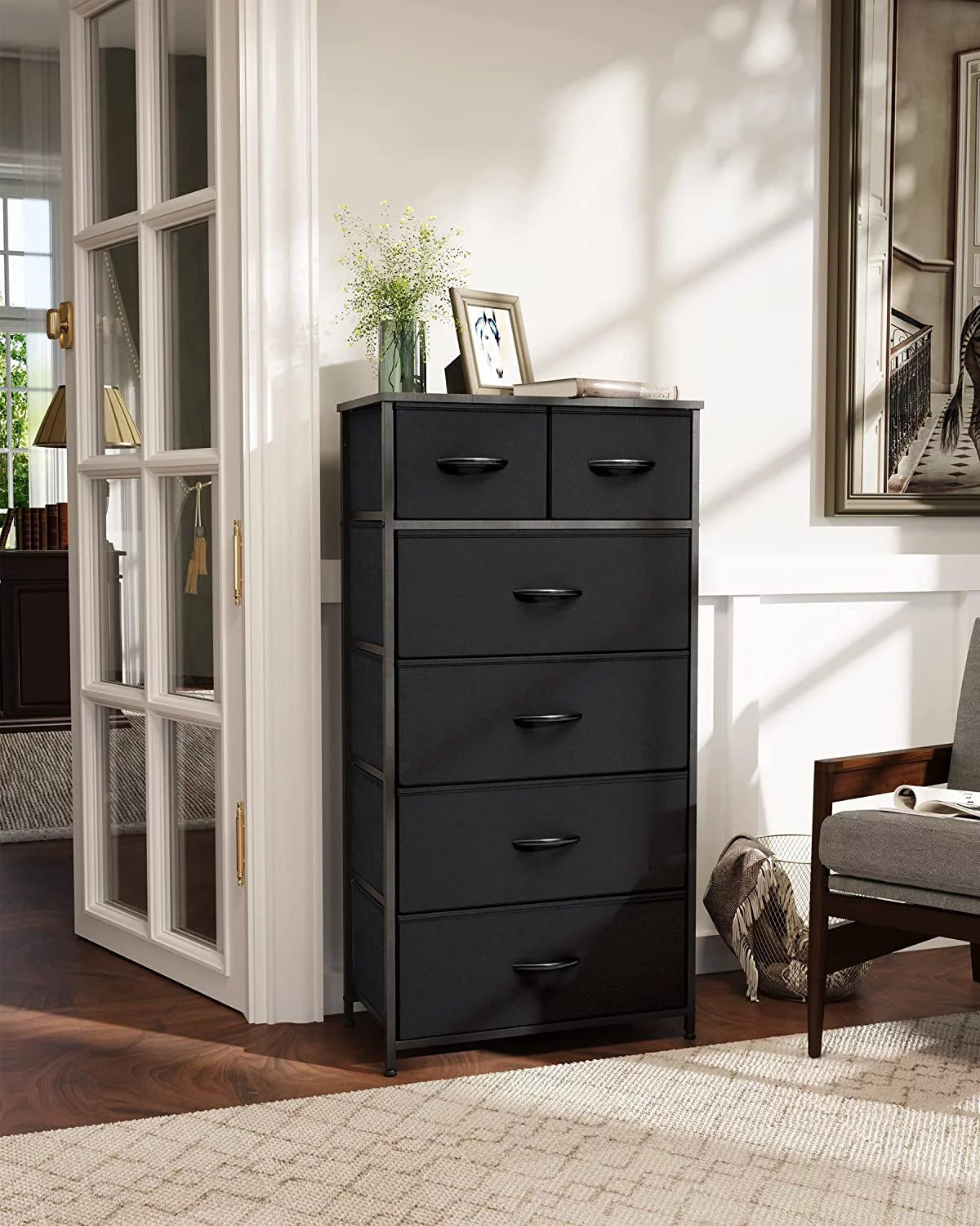 Black 6 Drawer Fabric Dresser N4040