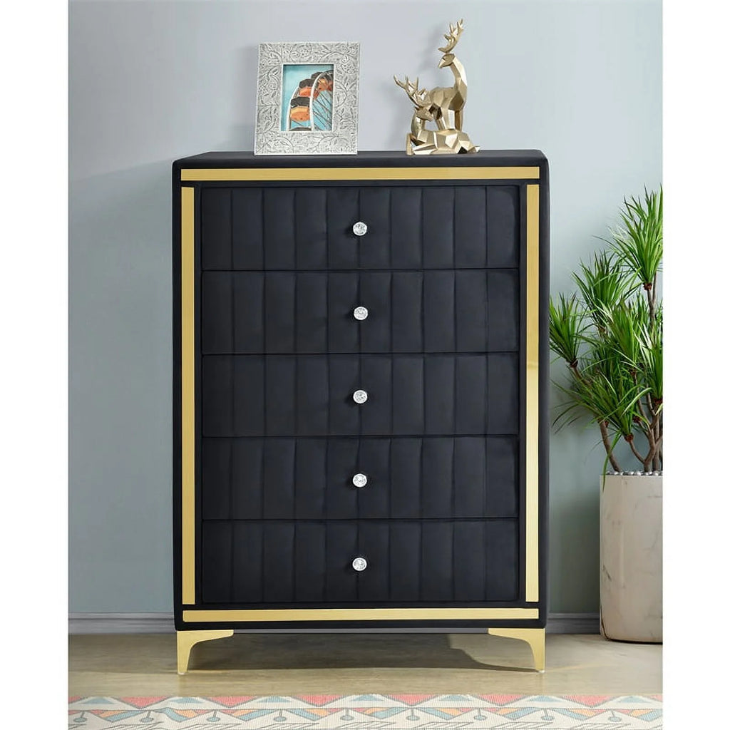 Black Velvet Upholstered 5-Drawer Chest G45713
