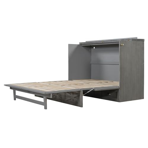 Full Size Solid Pine Murphy Bed with USB and Storage Drawer R627083