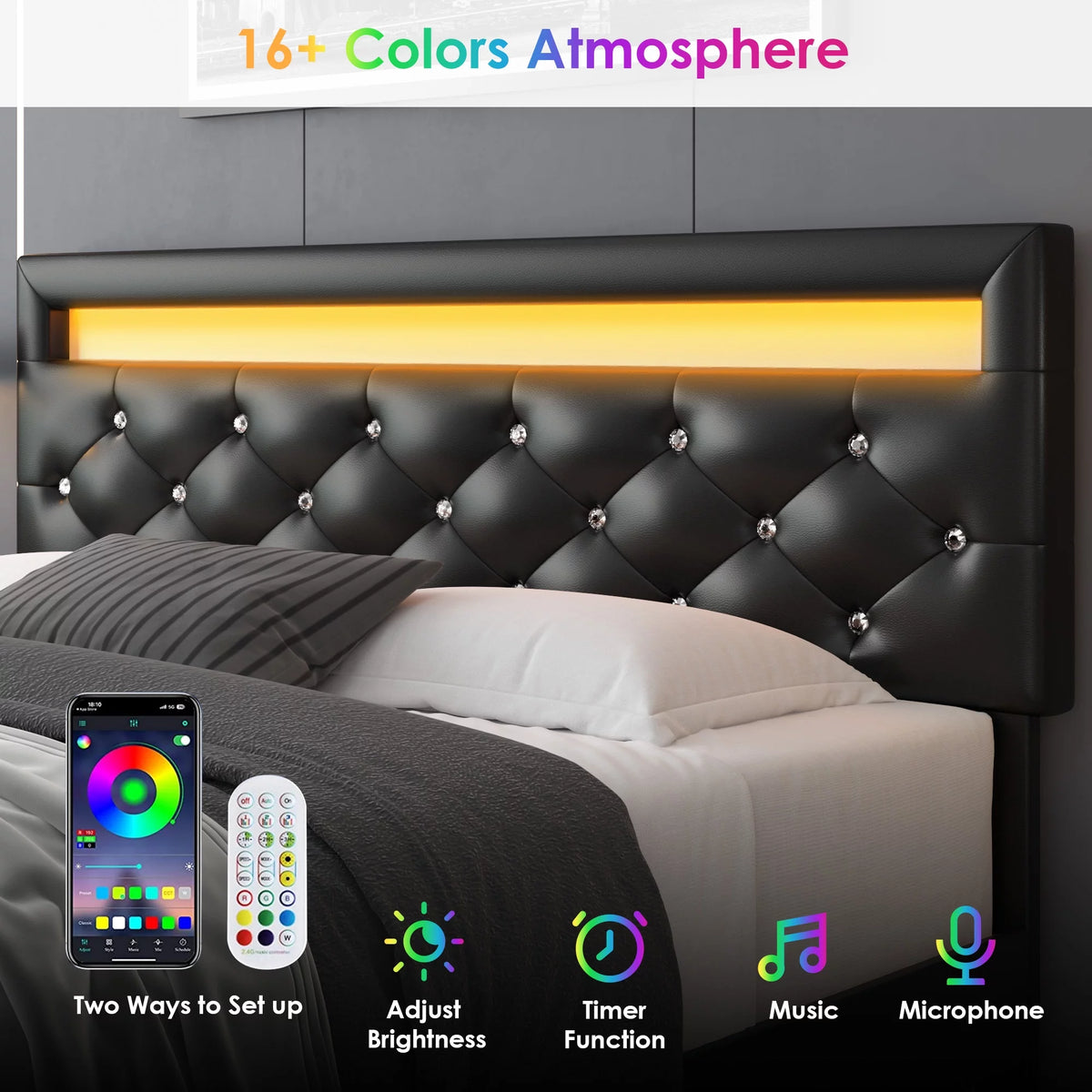 Queen Size LED Upholstered Platform Bed Frame with Adjustable Headboard X884