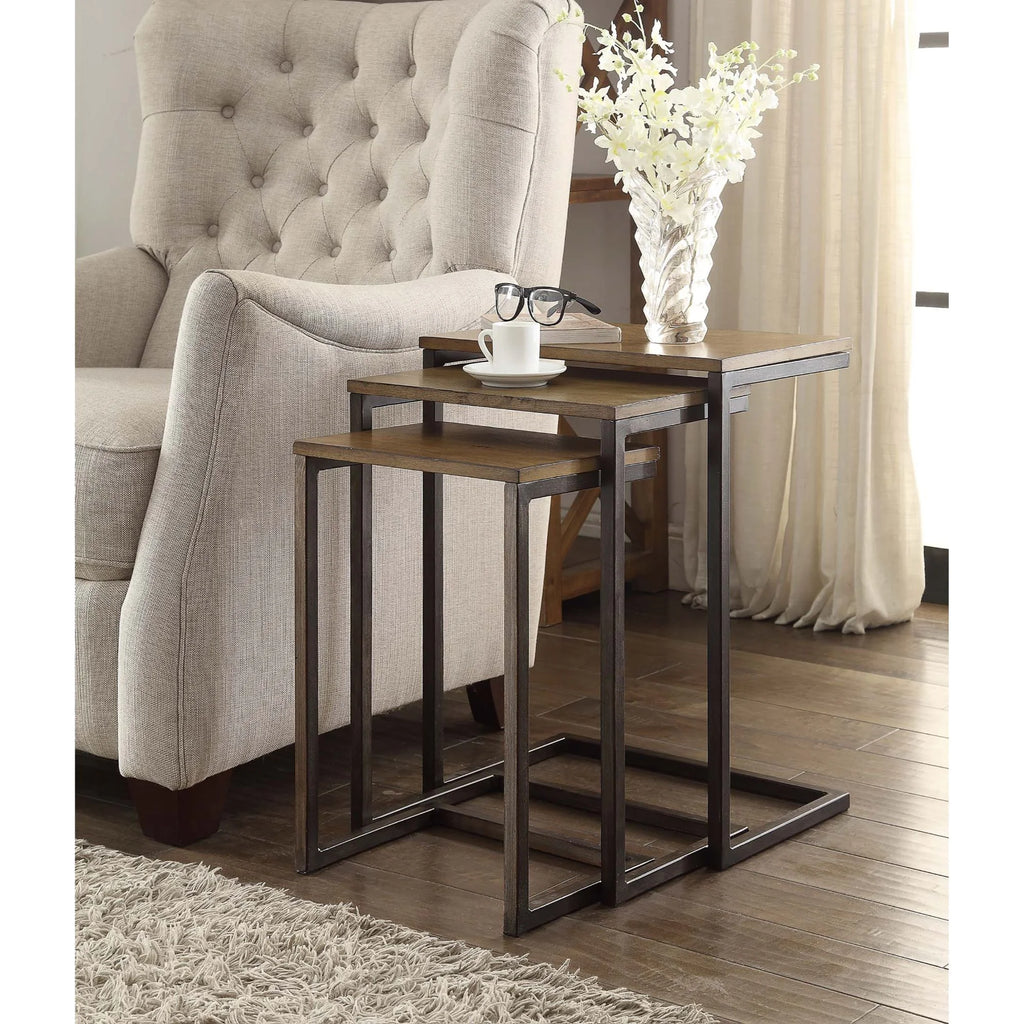 Brown and Black Set of 3 Nesting Tables with Mango Wood Top Y65630