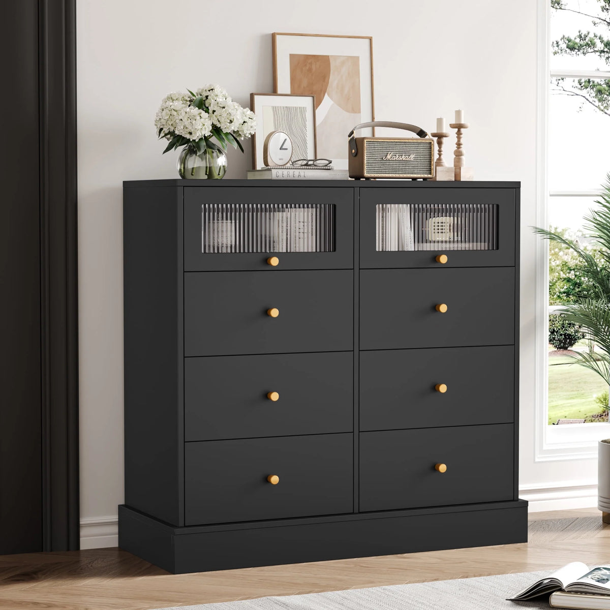 White 8 Drawer Wood Dresser with 2 Glass Doors V273