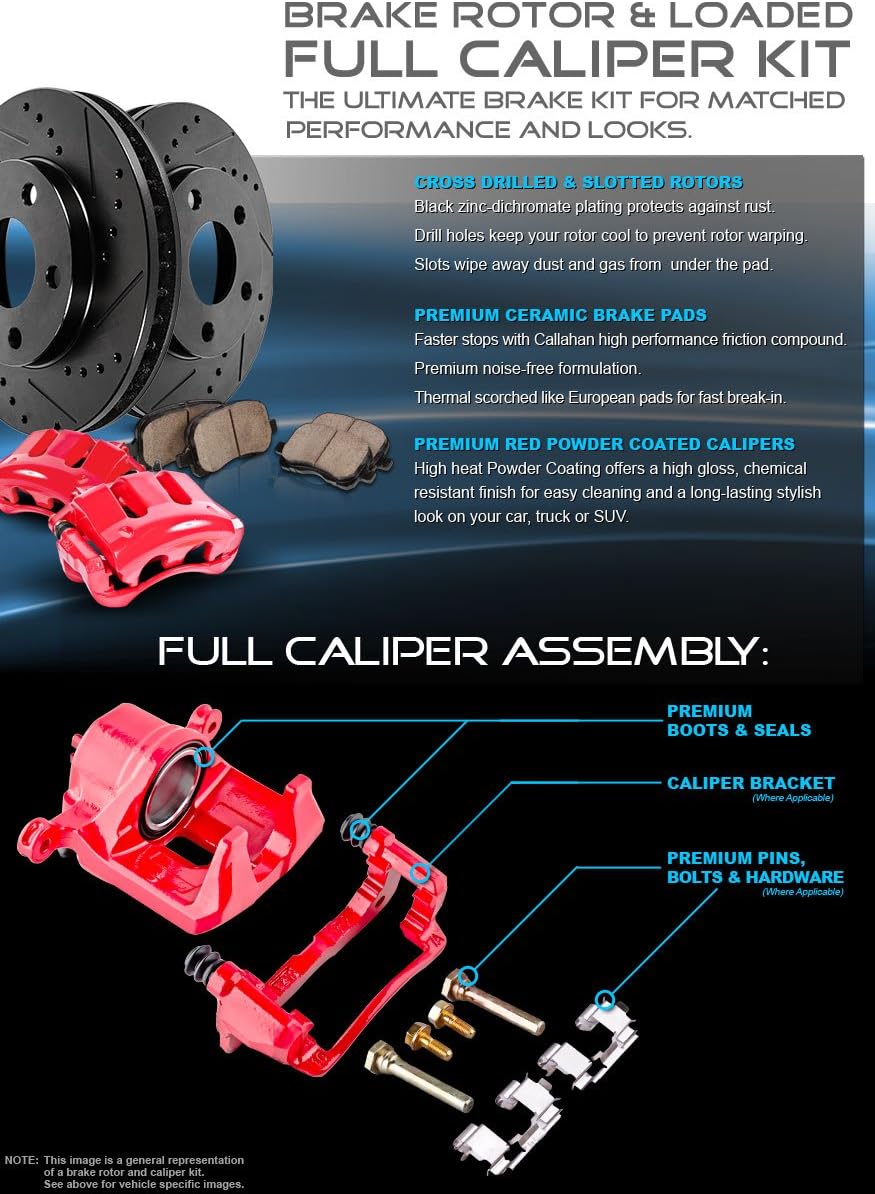 Powder Coated Red Calipers, Black Powder Coated Rotors, Ceramic Brake Pads T756751