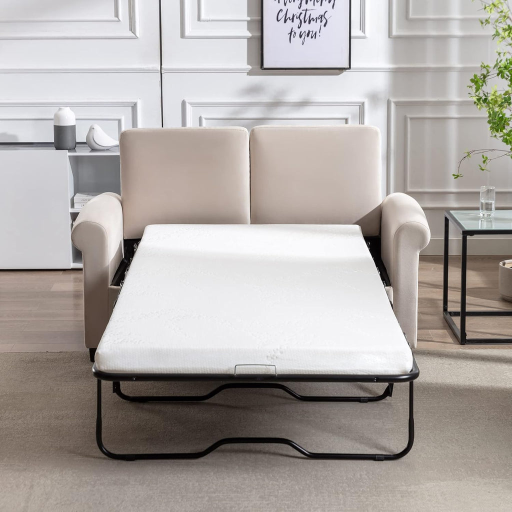 Beige White Pull Out Sofa Bed with Twin Size Mattress Pad N5144