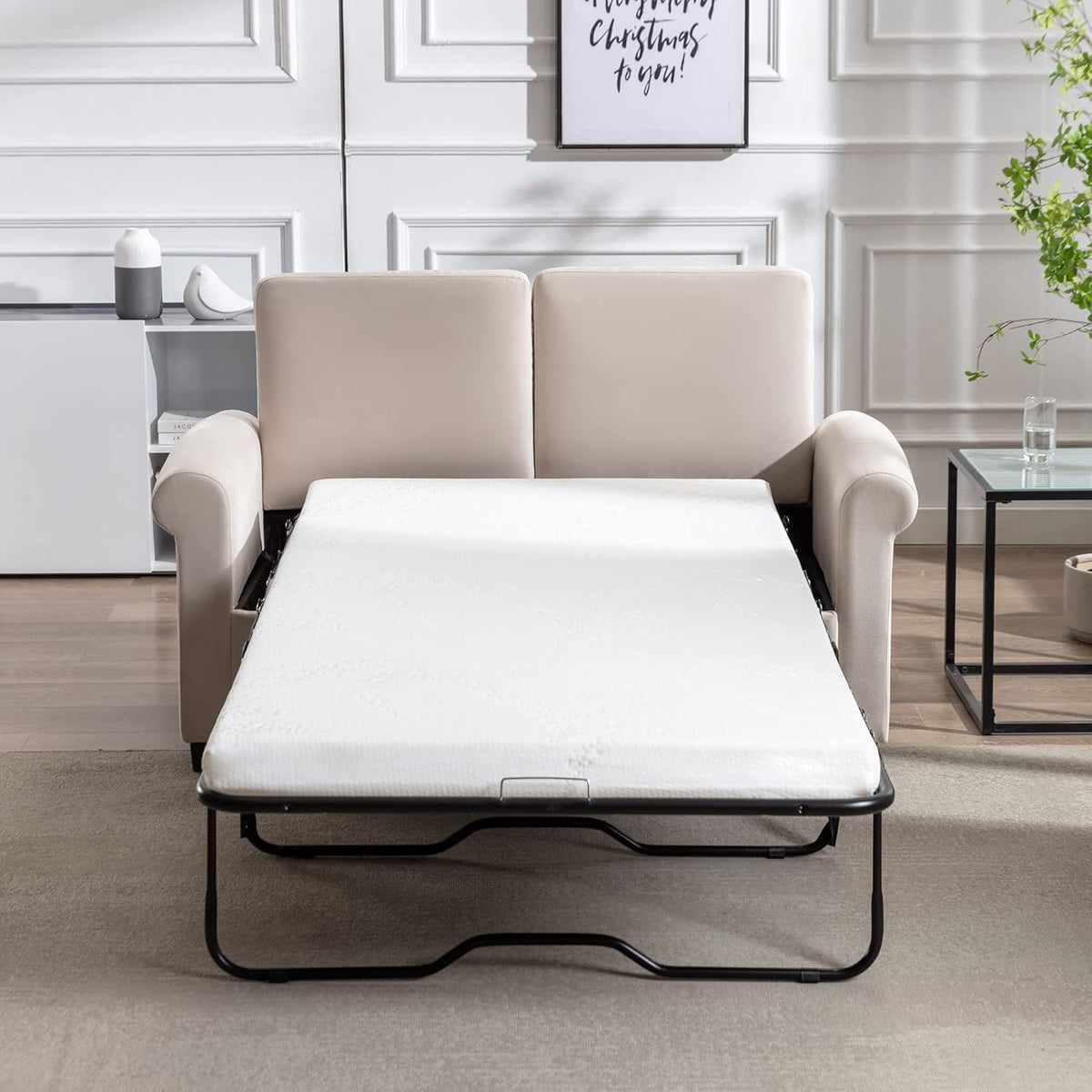 Beige White Pull Out Sofa Bed with Twin Size Mattress Pad N5144