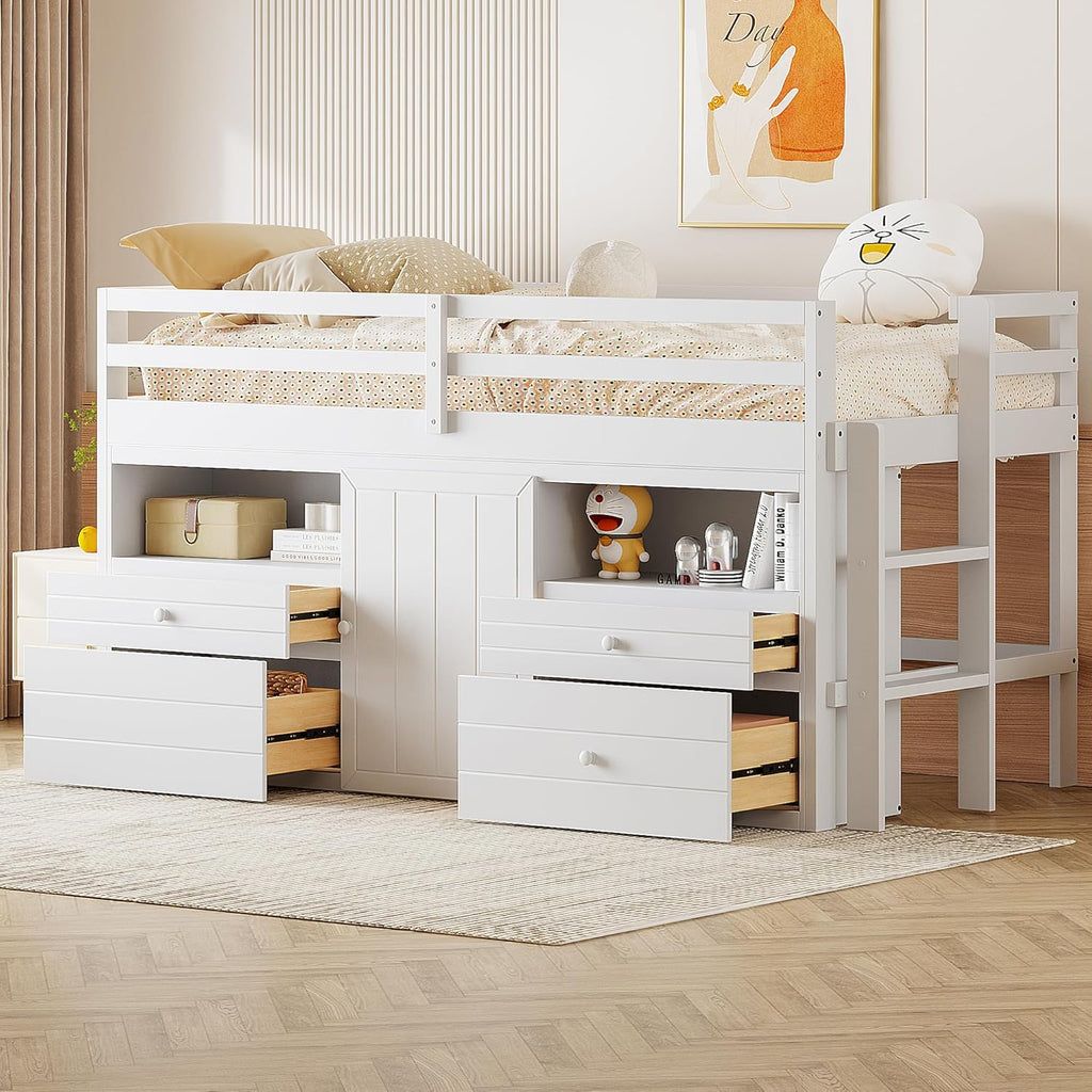White Wooden Twin Size Loft Bed with 4 Drawers D1413