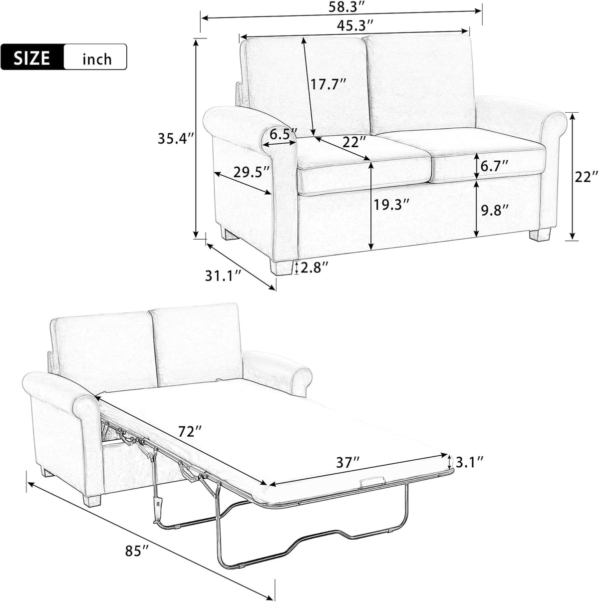 Beige White Pull Out Sofa Bed with Twin Size Mattress Pad N5144
