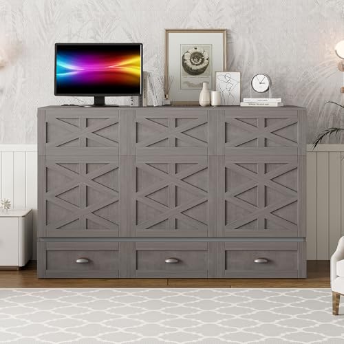 Full Size Solid Pine Murphy Bed with USB and Storage Drawer R627083