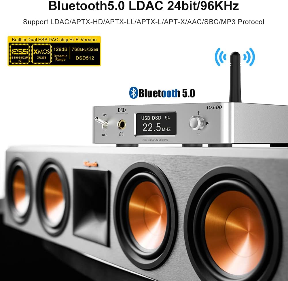 DS600 HiFi Audio DAC Bluetooth 5.0 Receiver LDAC AptX HD, USB DAC, DSD512 32Bit/768Khz, Dual ES9038Q2M XMOS, Headphone Amplifier 3.5mm AUX/RCA Out R11166