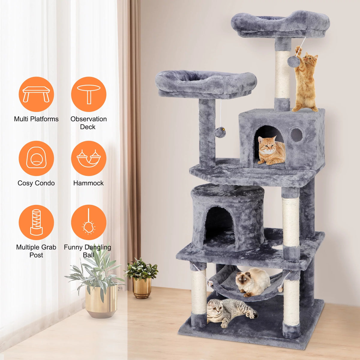 Gray Multi-Level Cat Tree with Scratching Posts and Hammock O46506