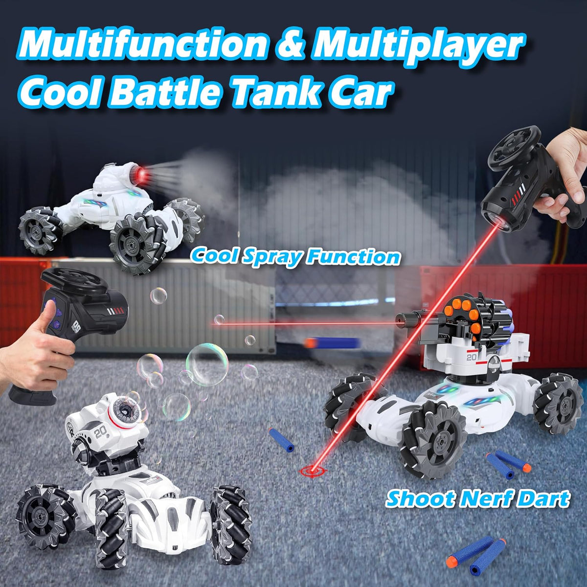 4 Head RC Tank Car Shoots Nerf Bullets Bubble Spray I7976