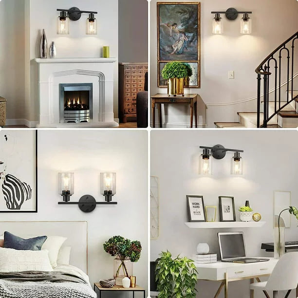 2 Light Matte Black Vanity Light with Glass P7566