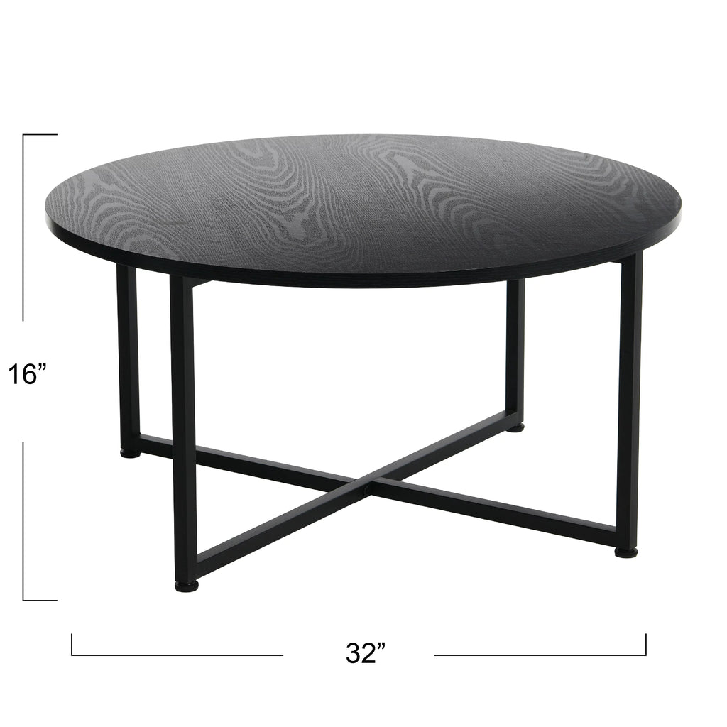 Round Coffee Table with Steel Frame and Faux Distressed Wood Finish E11489