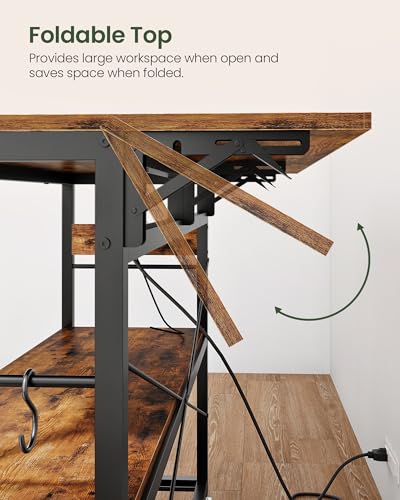 Kitchen Island with Power Outlet and Folding Top, 3-Tier Storage, Wine Rack F59695