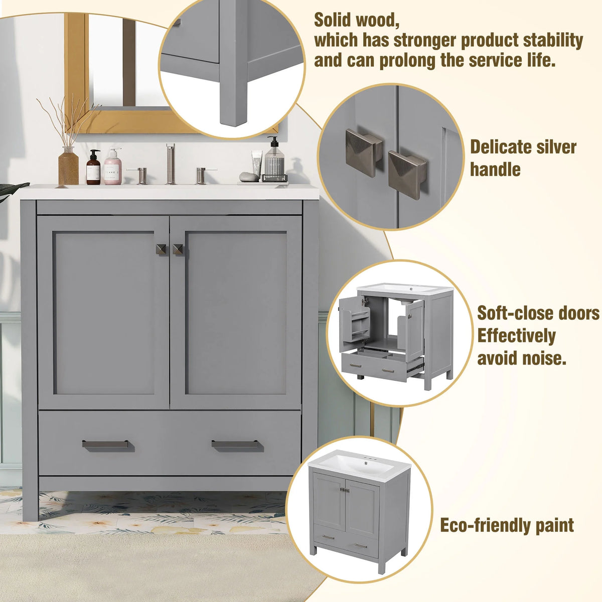 30" Solid Wood Bathroom Vanity Cabinet with Top Basin W3267