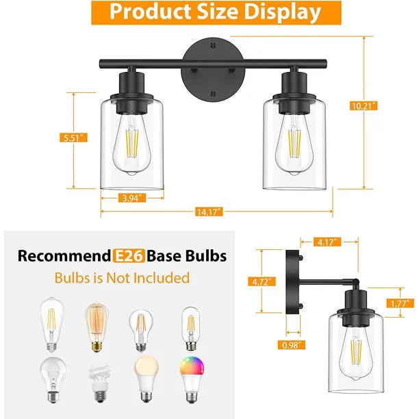 2 Light Matte Black Vanity Light with Glass P7566