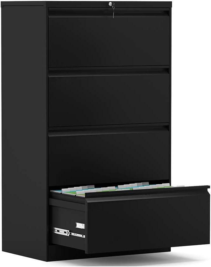 Metal Lateral File Cabinet with 4 Lockable Drawers, Black U60039