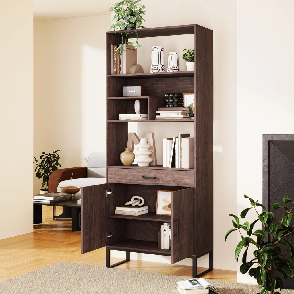 76" Wooden Bookshelf with Doors, Storage Drawer and LED Strip Lights F127192