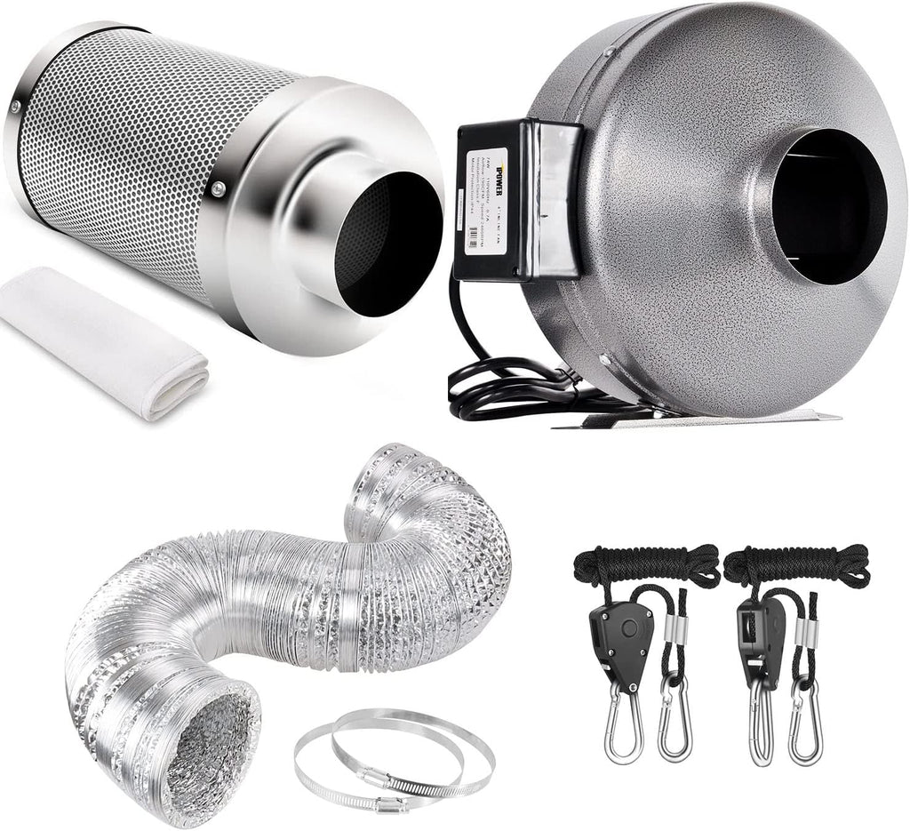 6 Inch 442 CFM Inline Fan with Carbon Filter Ducting and Rope Hangers K8098