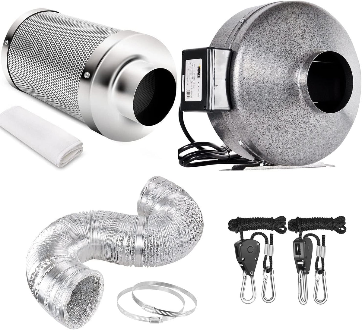 6 Inch 442 CFM Inline Fan with Carbon Filter Ducting and Rope Hangers K8098