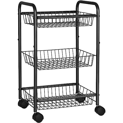 Black 3-Tier Metal Rolling Cart with Baskets and Lockable Handles D289