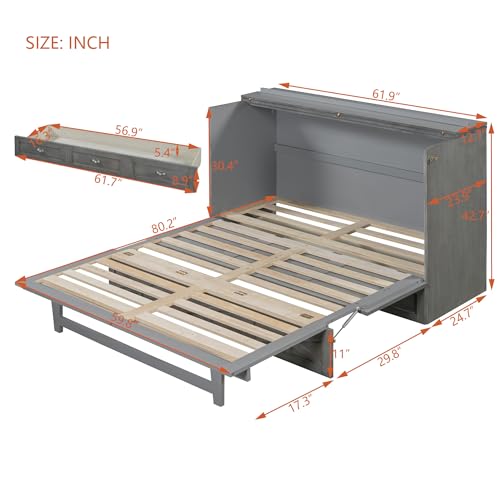 Full Size Solid Pine Murphy Bed with USB and Storage Drawer R627083