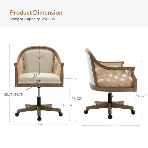 Ivory Upholstered Rattan Desk Chair with Armrest Q4538