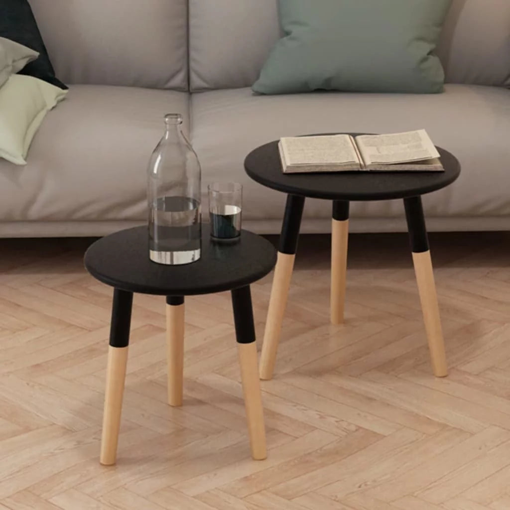 Black 2 Piece Solid Pinewood Side Table Set E19363