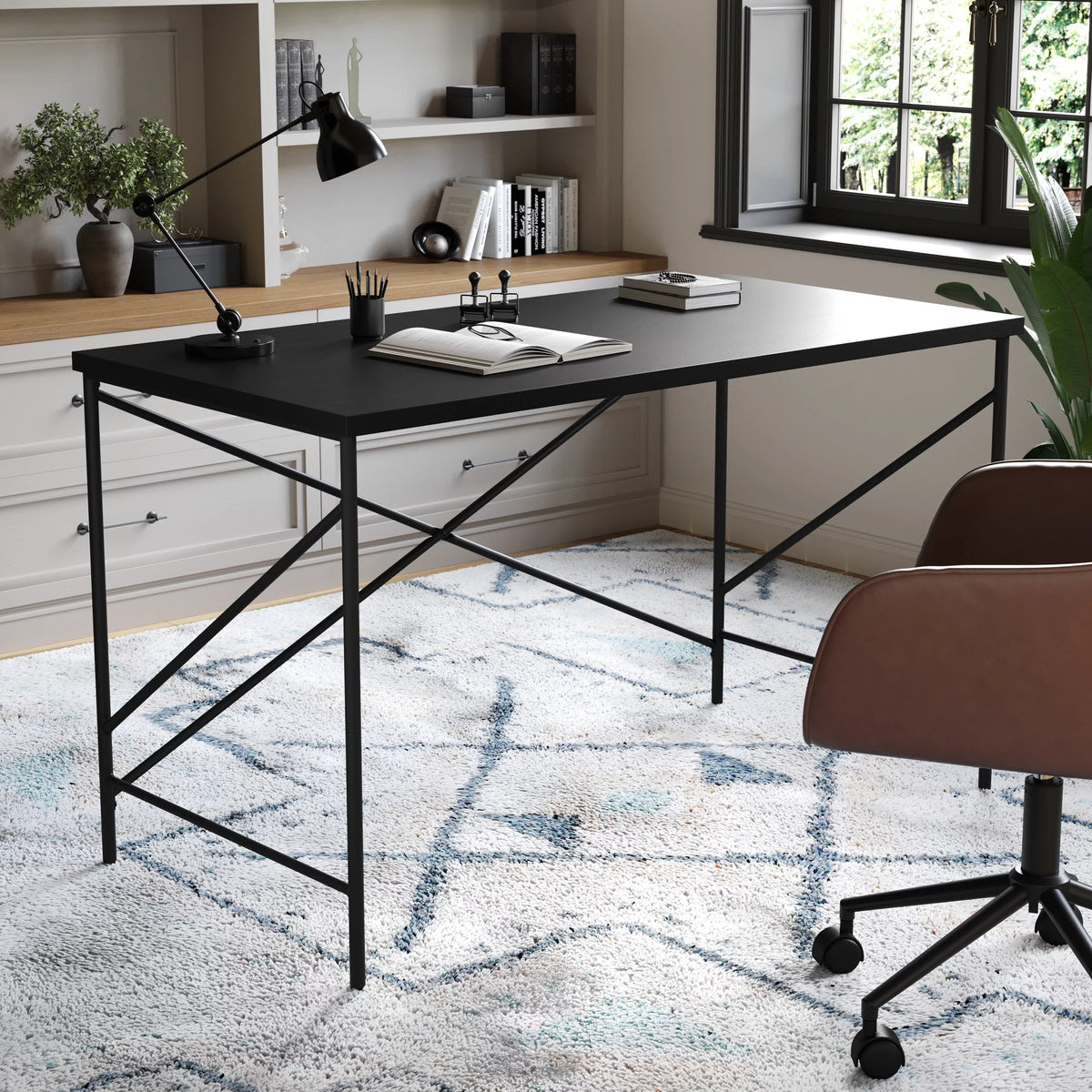 Black Wood Grain Parsons Desk with Metal X-Frame V424619