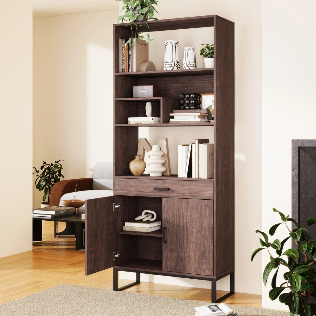 76" Wooden Bookshelf with Doors, Storage Drawer and LED Strip Lights F127192