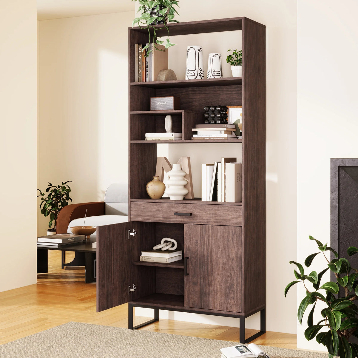 76" Wooden Bookshelf with Doors, Storage Drawer and LED Strip Lights F127192
