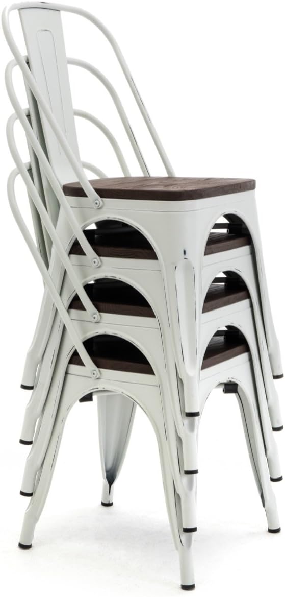 Set of 4 Stackable Metal Dining Chairs with Wood Seat R9421