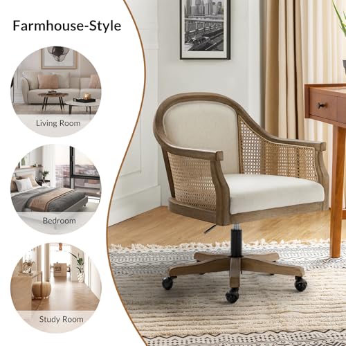 Ivory Upholstered Rattan Desk Chair with Armrest Q4538