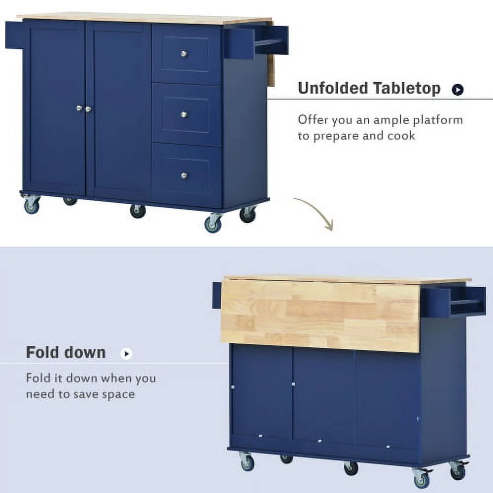 Dark Blue Rolling Mobile Kitchen Island with Solid Wood Top and Locking Wheels Y4075