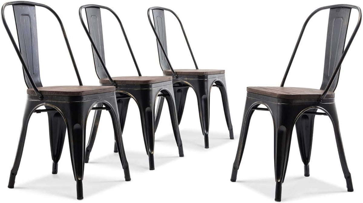 Set of 4 Stackable Metal Dining Chairs with Wood Seat R9421
