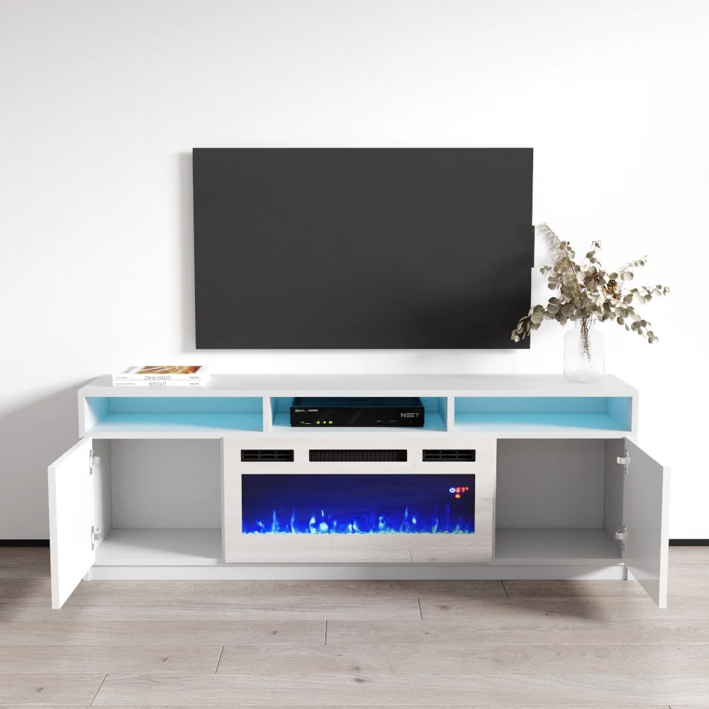 63" High Gloss Fireplace TV Stand with Storage Cabinets and LED Lights I1959