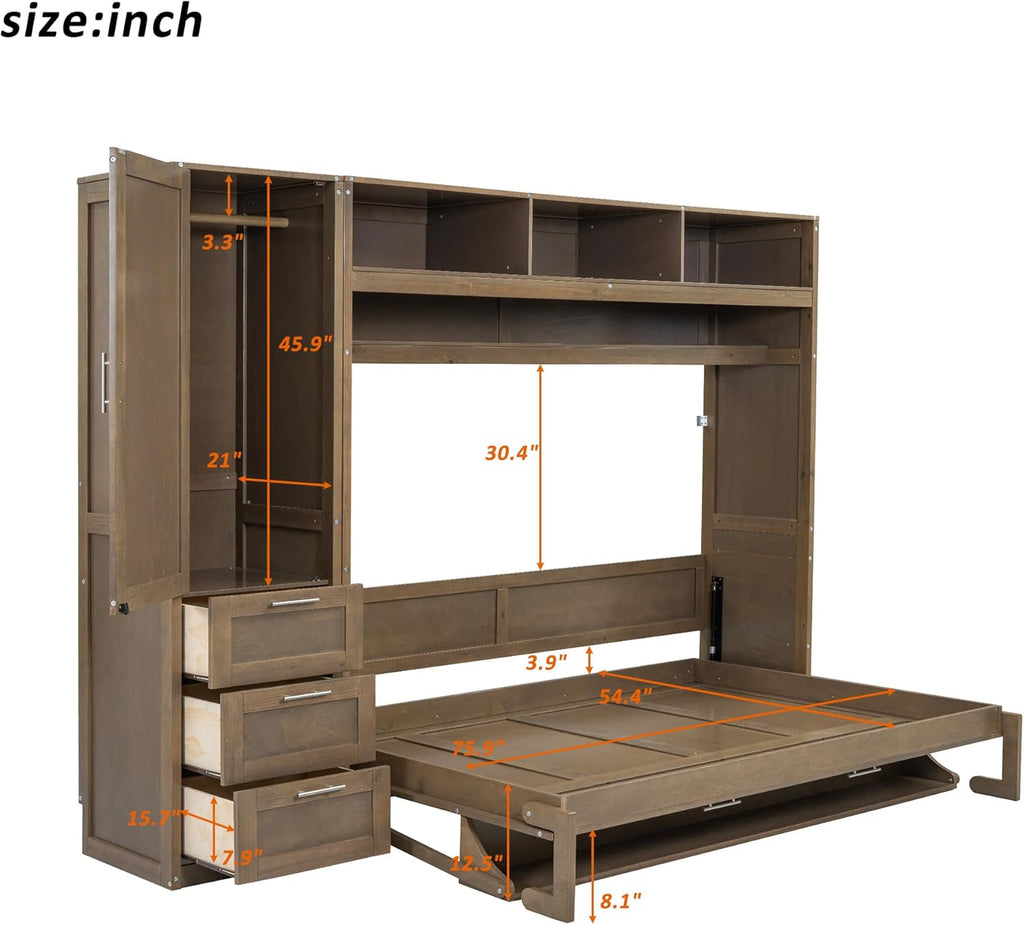 Full Size Murphy Bed Frame with Wardrobe, 3 Drawers and Open Shelves U8167