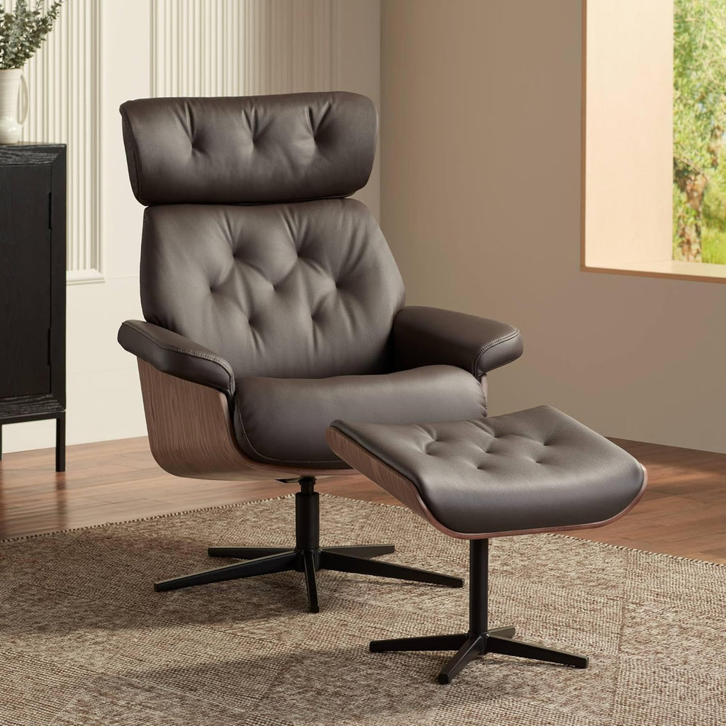 Chocolate Tufted Faux Leather Swivel Recliner and Slanted Ottoman L719924