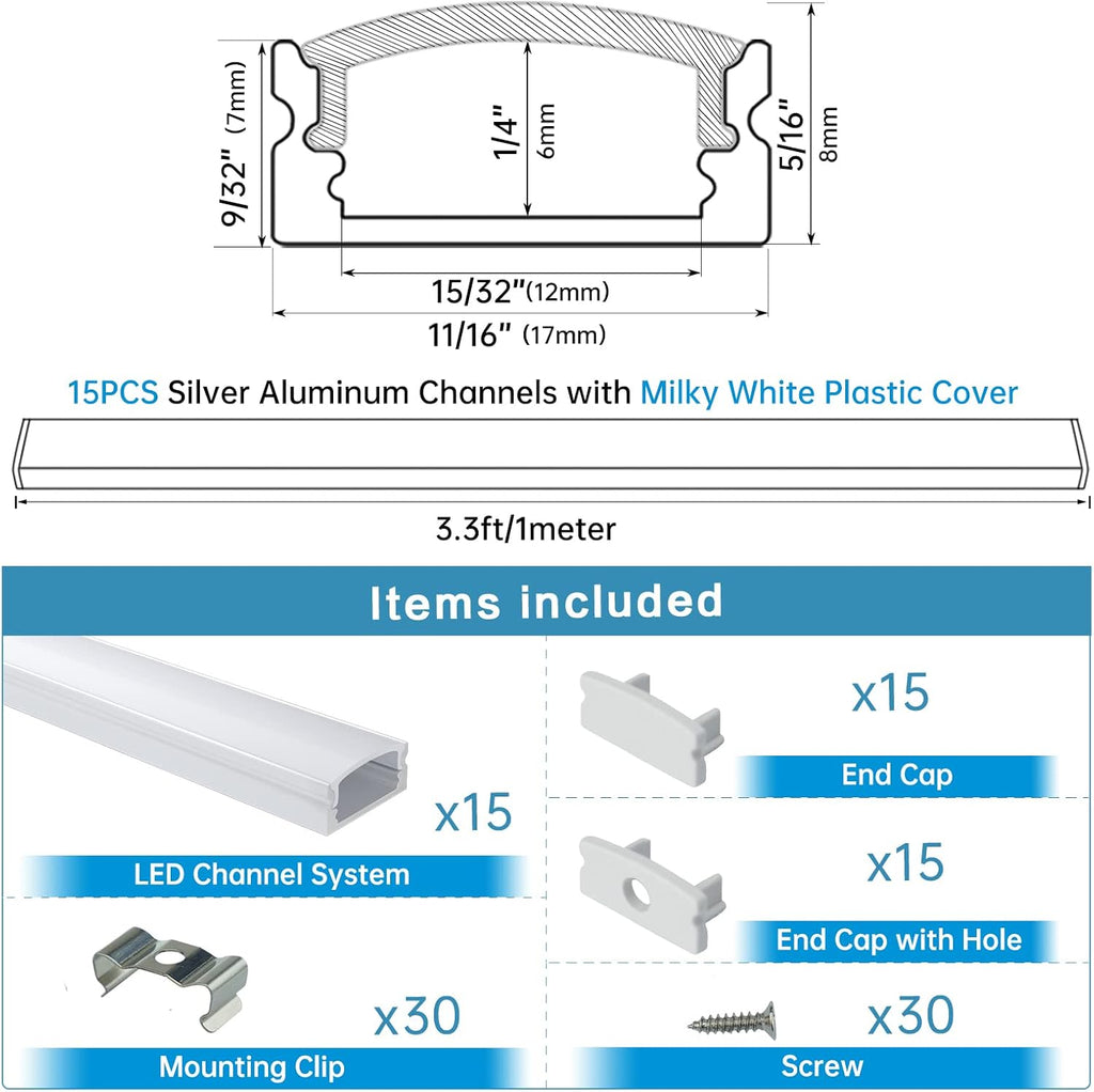 15Pack 3.3FT/1M LED Channel System with Milky White Cover Lens, Silver Aluminum Extrusion Profile Housing Track for Strip Tape Light, U Shape, Pack of 2 Y37331