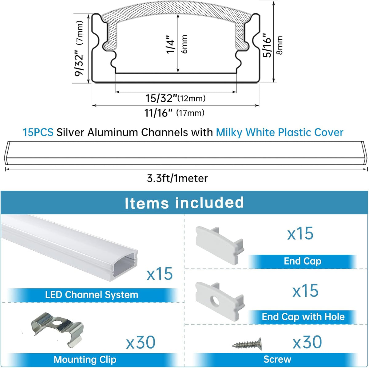 15Pack 3.3FT/1M LED Channel System with Milky White Cover Lens, Silver Aluminum Extrusion Profile Housing Track for Strip Tape Light, U Shape, Pack of 2 Y37331