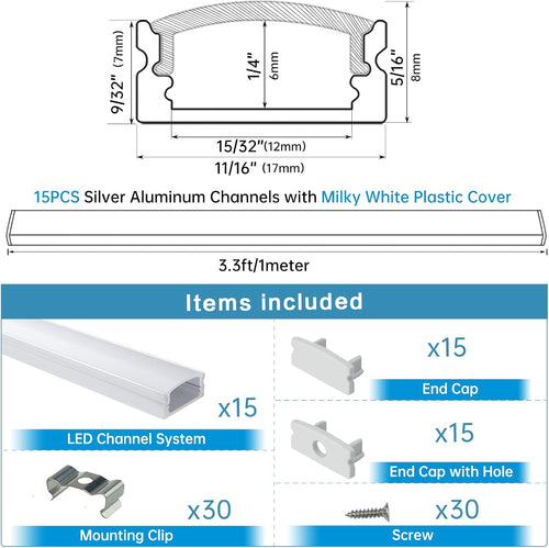 15Pack 3.3FT/1M LED Channel System with Milky White Cover Lens, Silver Aluminum Extrusion Profile Housing Track for Strip Tape Light, U Shape, Pack of 2 Y37331